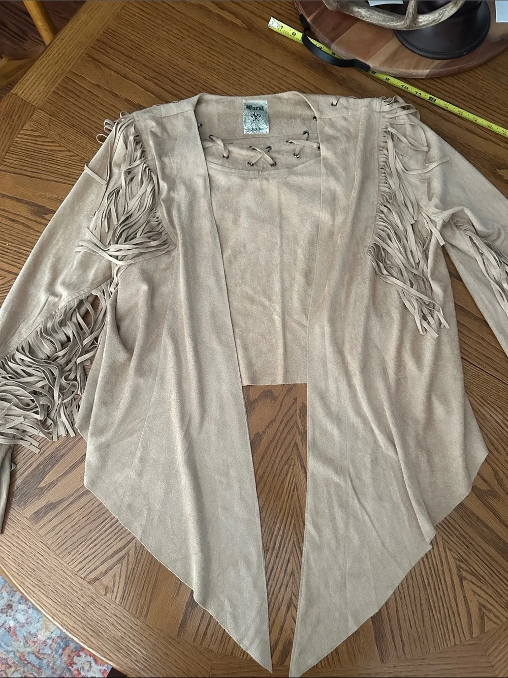 Vocal Fringe Faux Suede Wrap Jacket Beige | Western Boho Style